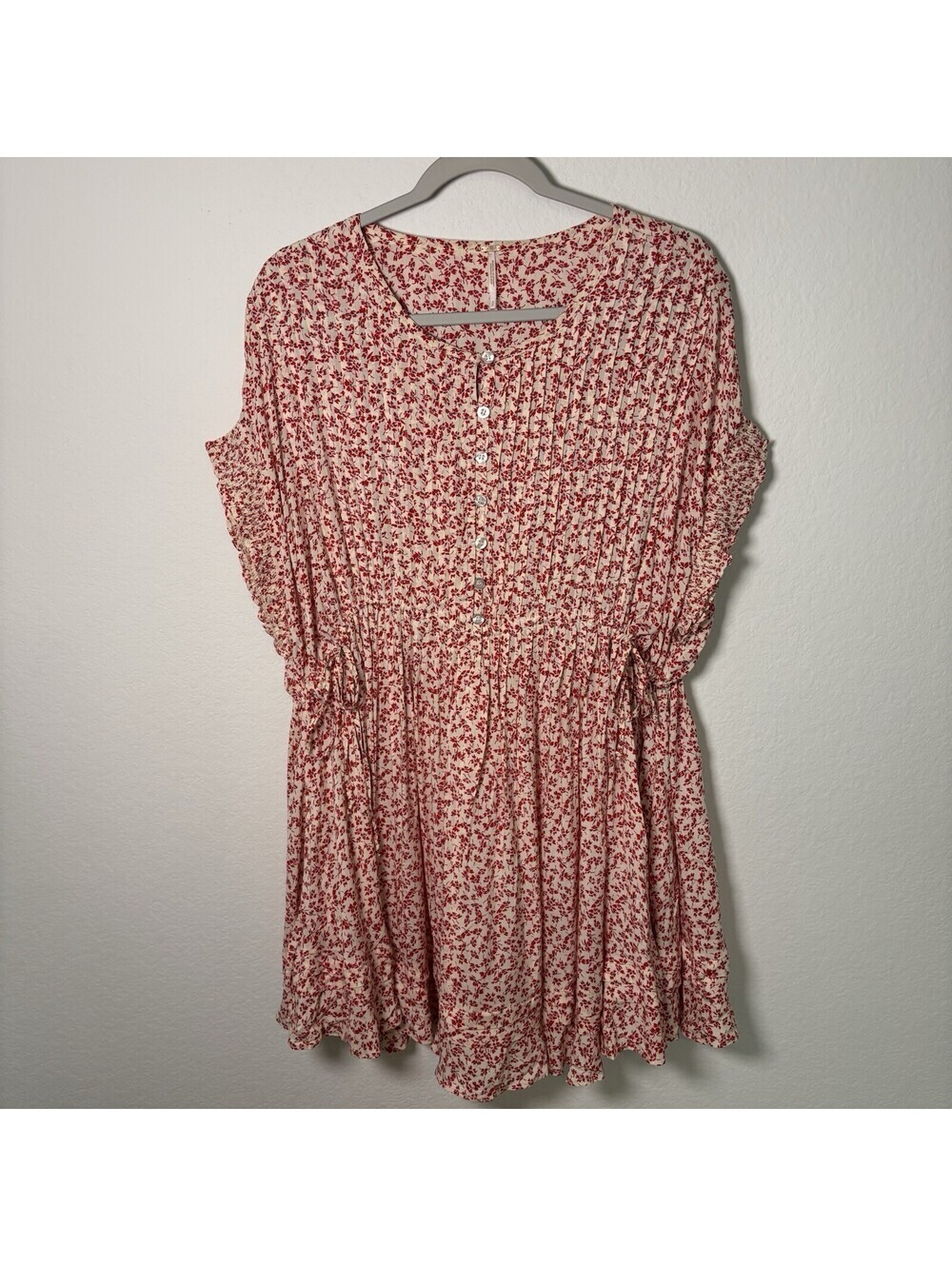 FREE PEOPLE Size S One Fine Day Oversized Mini Dress Cream Red Ditsy Floral - Picture 2 of 7